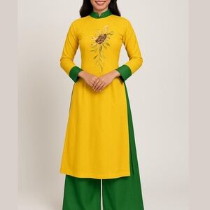 Elegant Yellow and Green Ao Dai Set of 3 Pants And Two Tops